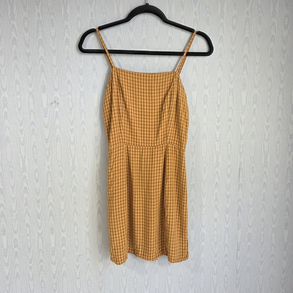 Aeropostale‎ Mini Dress M Smocked Gingham Mustard Spaghetti Strap Twee Picnic